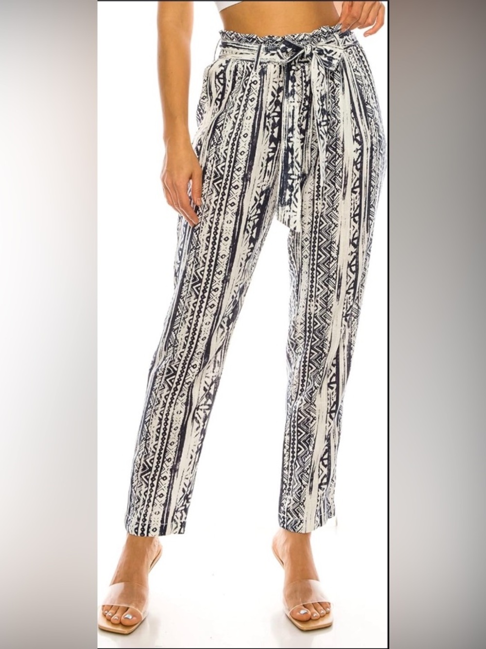Cali 1850 Tie-Waist Wide Leg Pants in White & Navy Print Sz Large